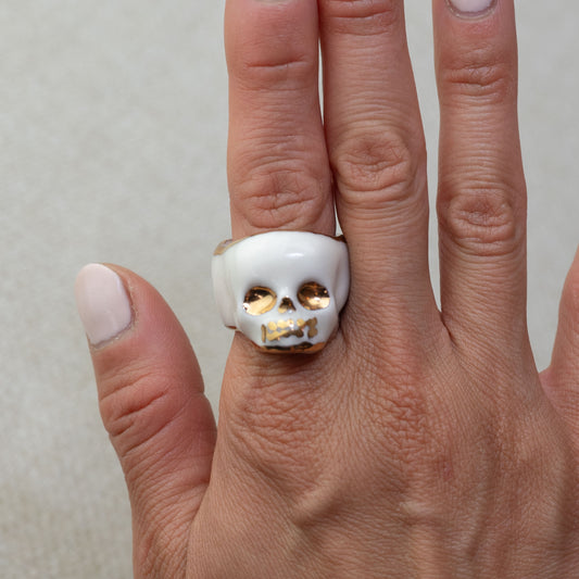 Gilded White Porcelain Skull Ring