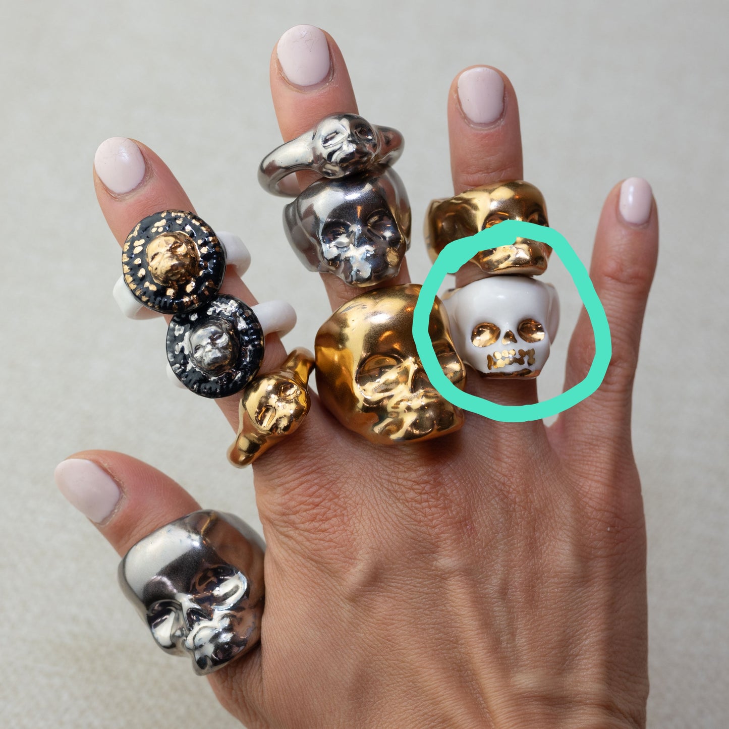 Gilded White Porcelain Skull Ring