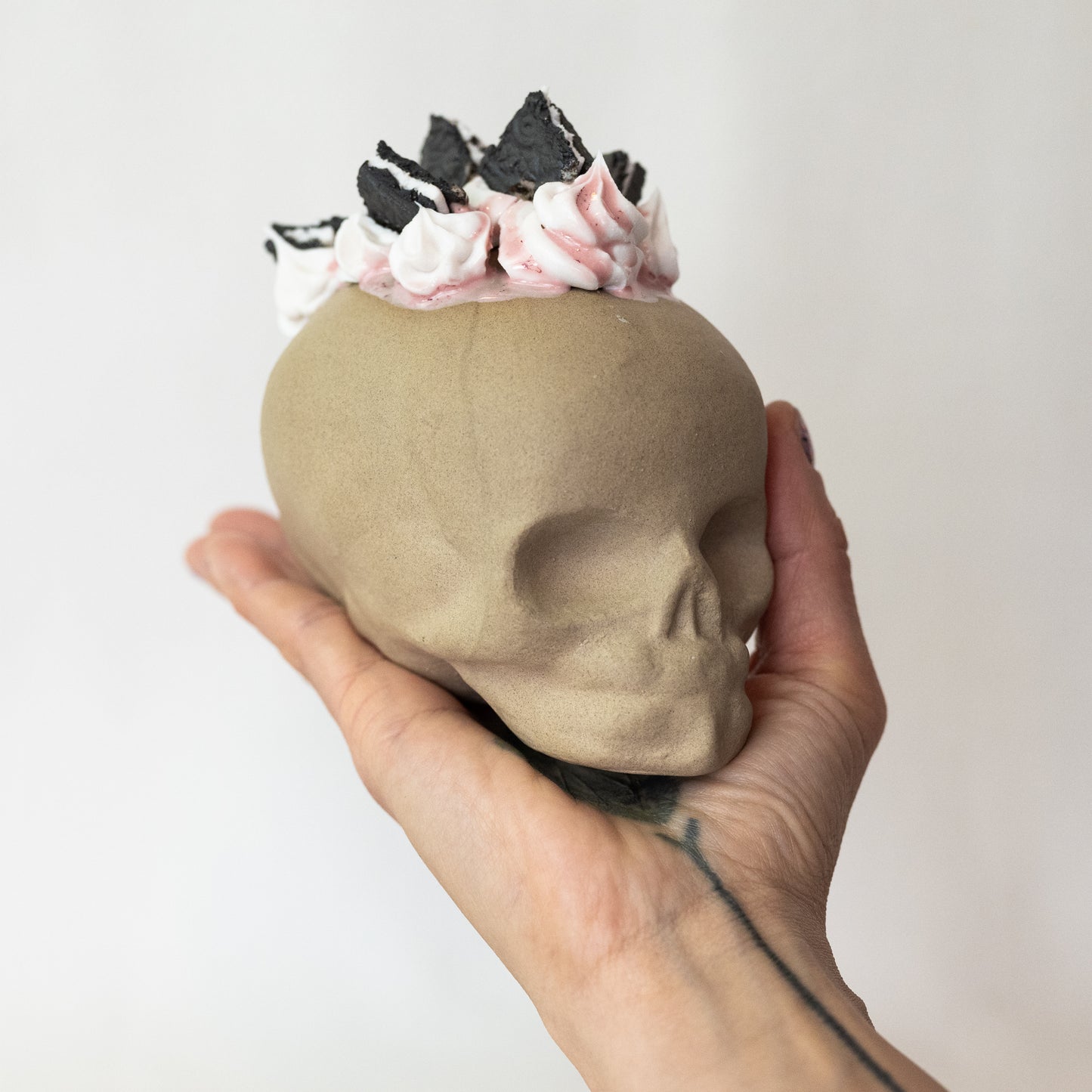 Ceramic Cookies and Cream Strawberry Mohawk Skull (Large)