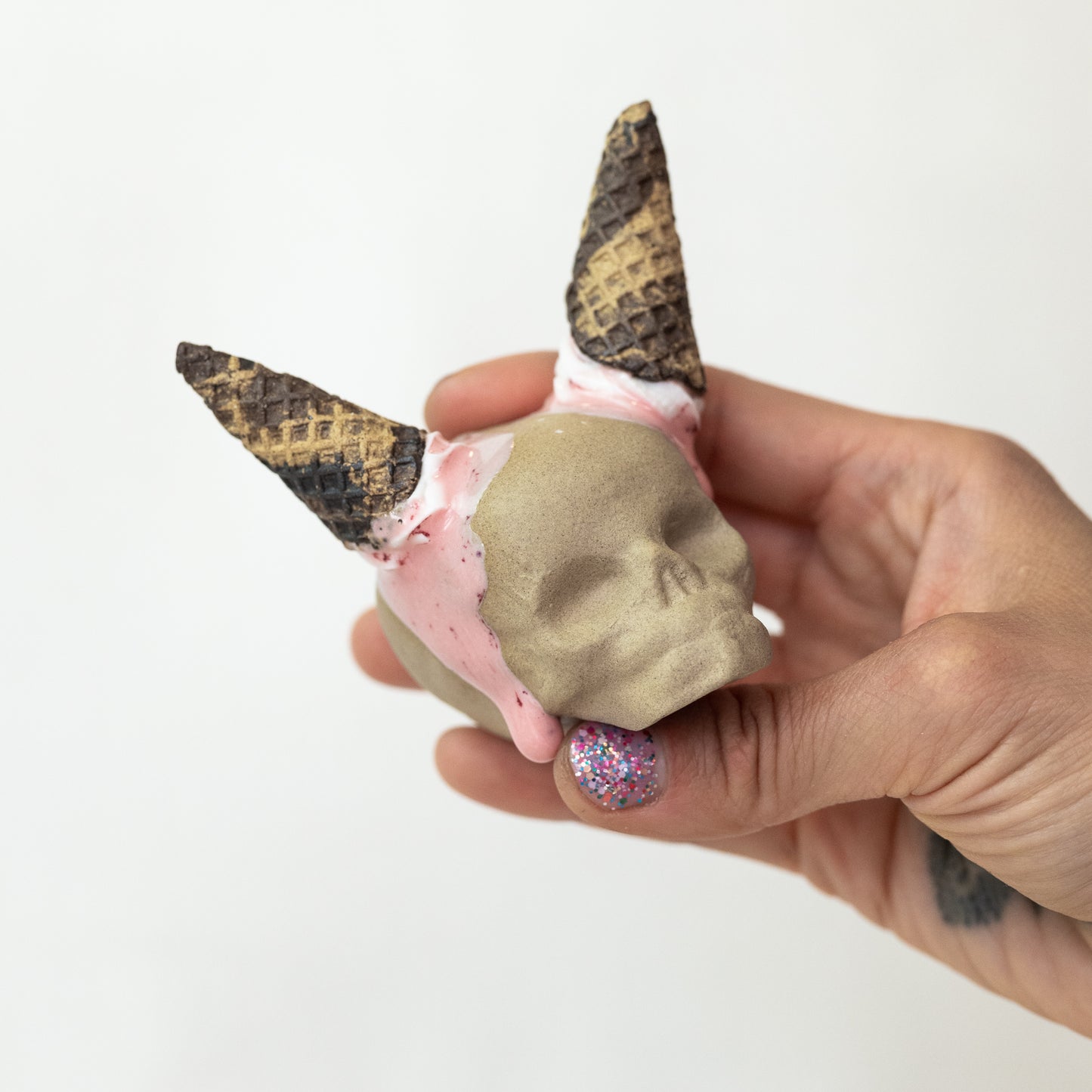 Ceramic Strawberry and Cream Cone Horns Skull (Medium)