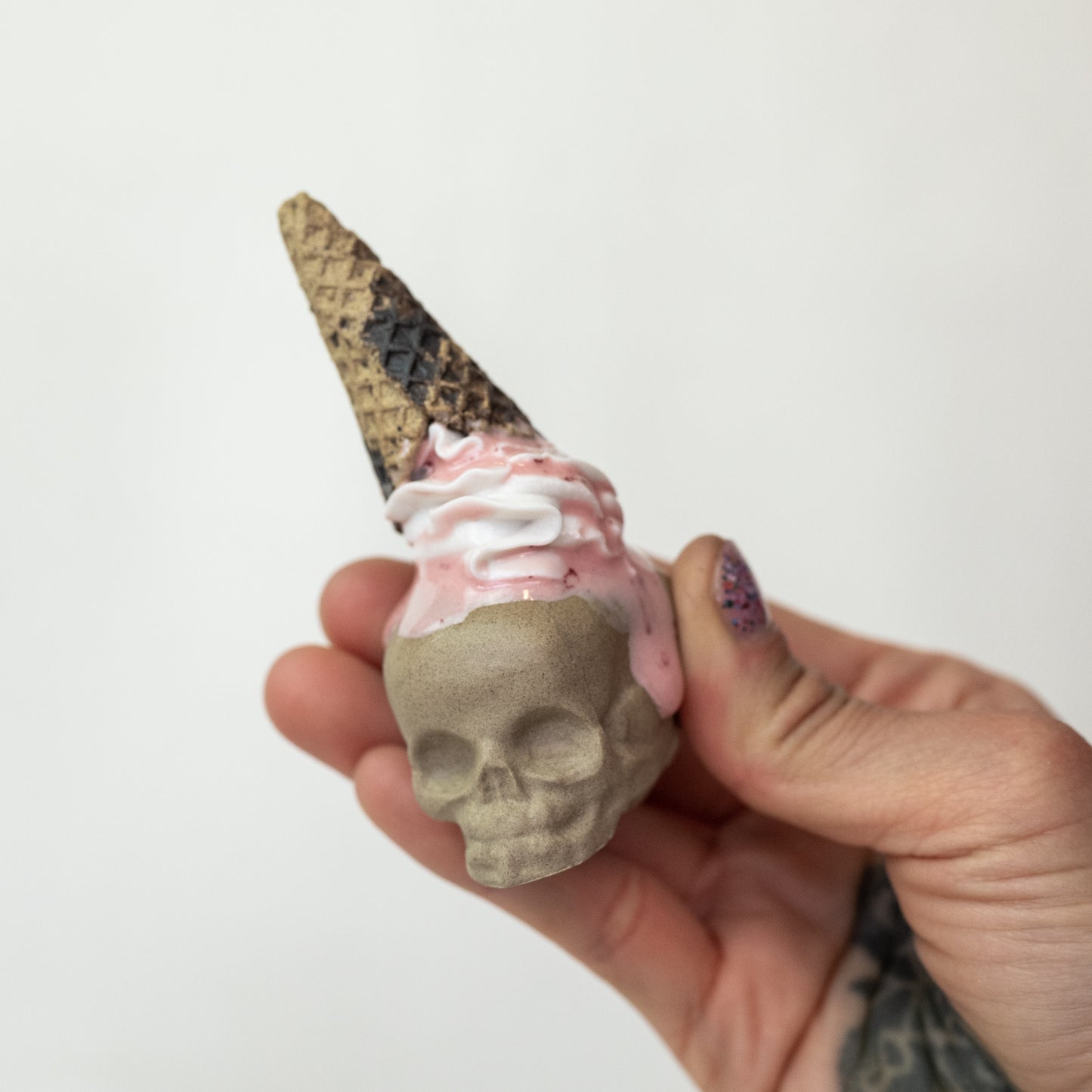 Ceramic Strawberry and Cream Cone Skull (Small)