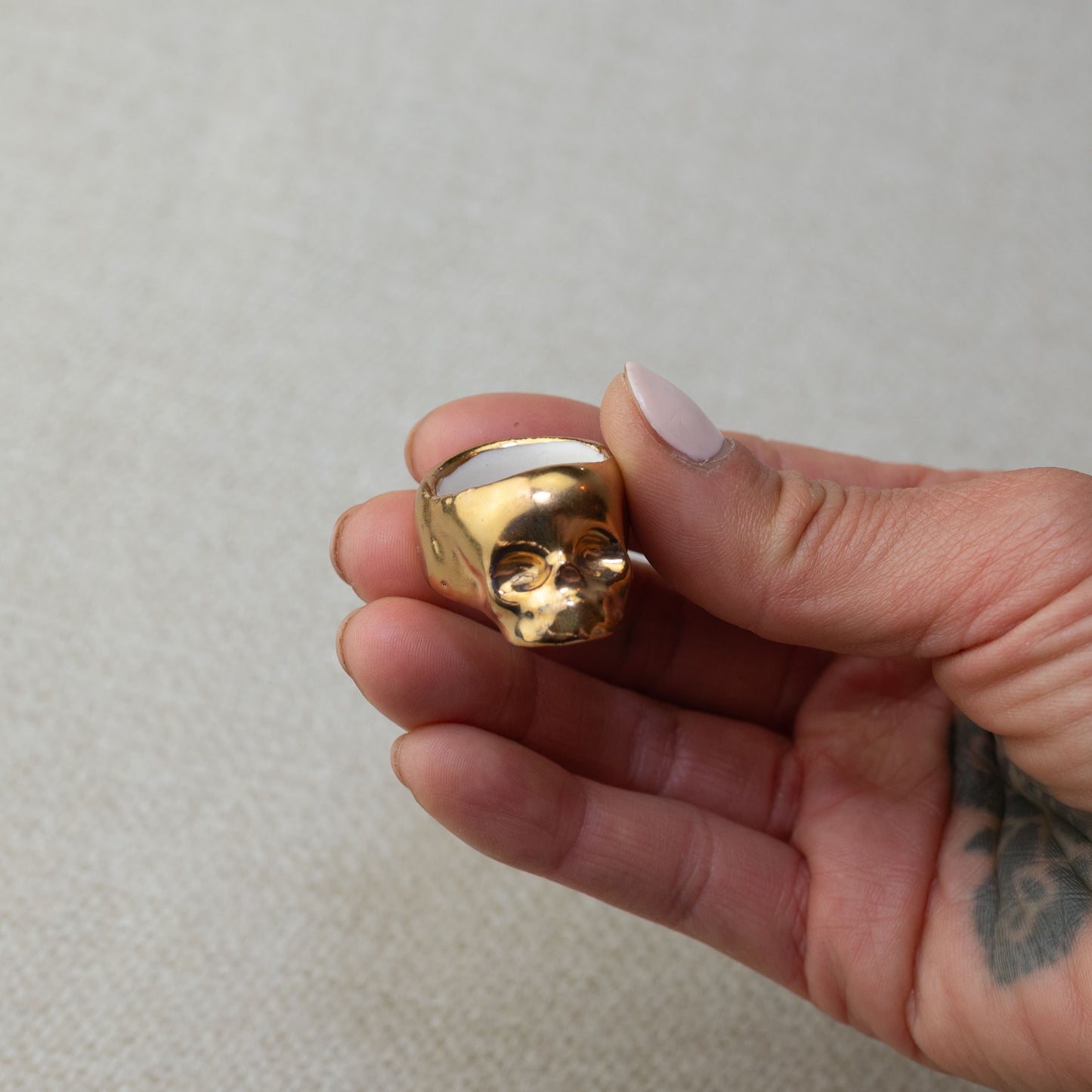 Gilded Porcelain Skull Ring - Yellow Gold