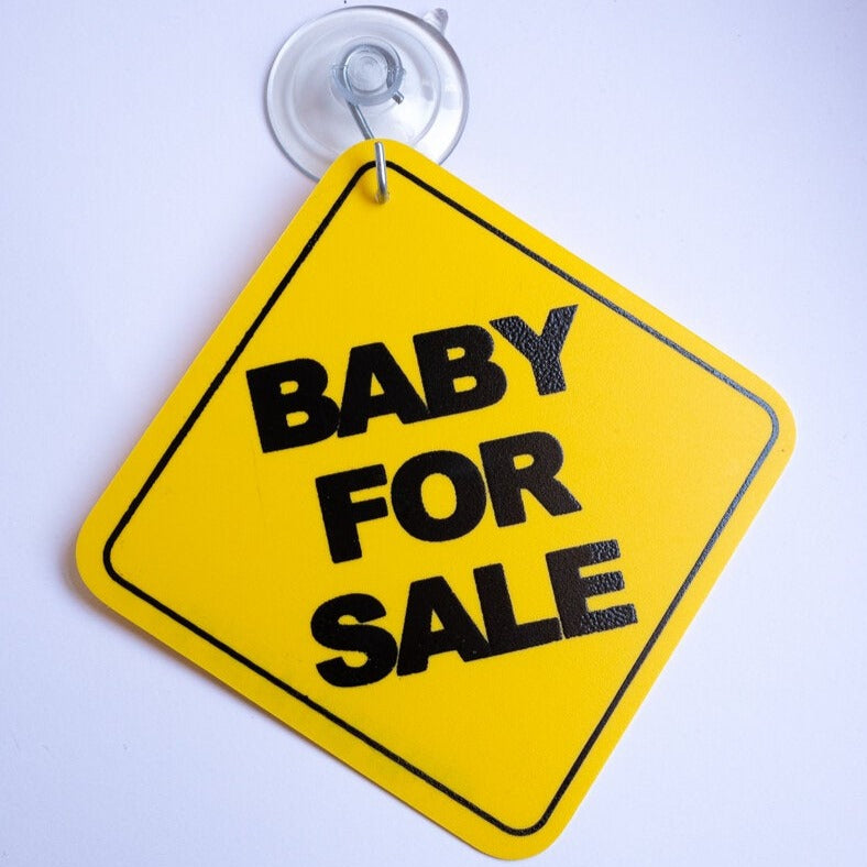 baby for sale gag sign